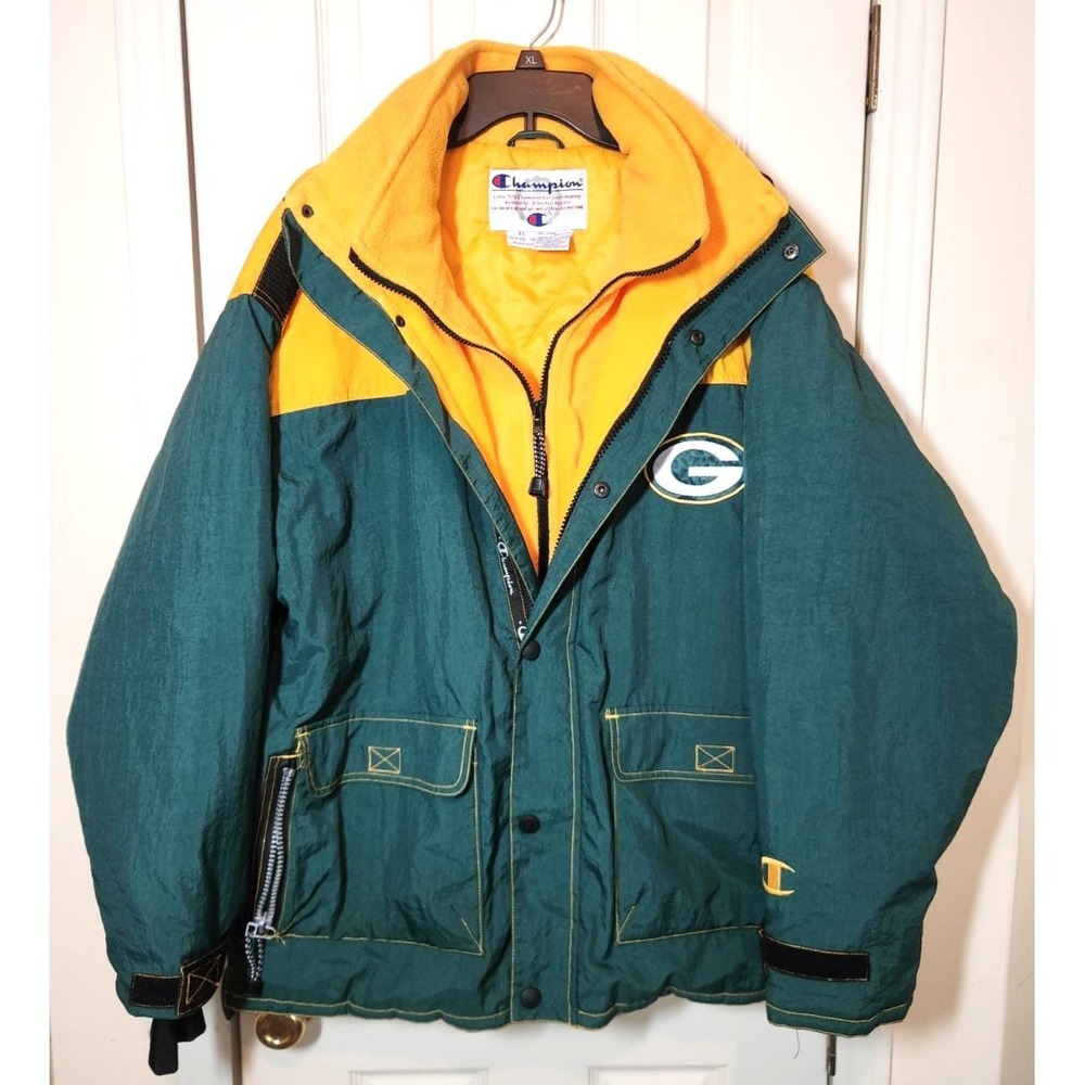 Green Bay Packers Jacket Mens XL Champion Green NFL Quilt Hood Football VTG